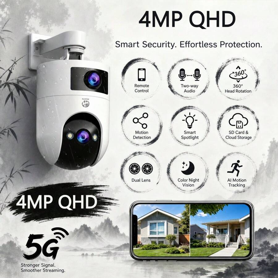 JOOAN CAM720 APP, Home Security Camera, Dual-Band WiFi Outdoor Monitoring Camera, 4MP Dual Lens, Smart Auto Tracking, Day And Night Full Color Night Vision, Two-Way Audio Intercom, Home Security Choice - Black and White - View 1