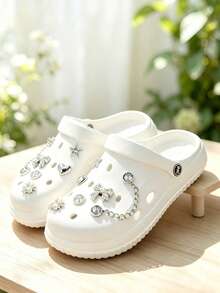 Women's Bling Rhinestone Bow Chain Decor Clogs Flat Non-Slip Closed Toe Slippers Indoor Outdoor Beach Casual Sandals - White - View 5