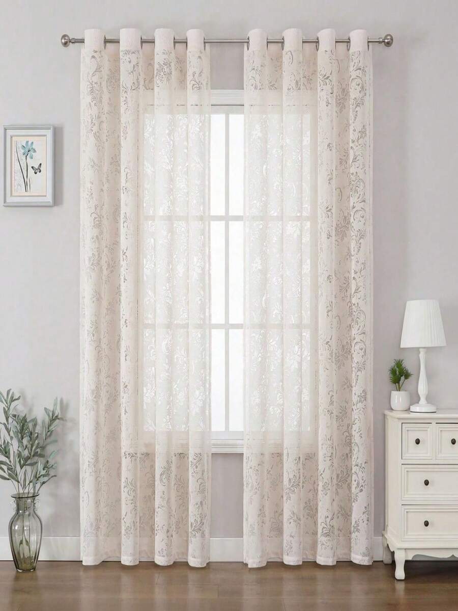 1pc Beige European Floral Sheer Curtain Panel, Suitable For Living Room/Bedroom/Dining Room/Balcony Home Decor, Ocean View Villa Decor, Conference Room/Office Decor, Holiday Party Decor, Keyhole Design, Easy To Remove/Replace/Store - Beige - View 1