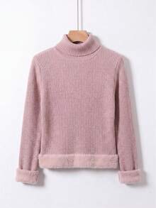 Women's Casual Solid Color High Neck Ribbed Knit Sweater, Built-In Warm Fleece Lining, Slim Fit Top, Autumn/Winter Essential - Bean Paste Pink - View 4