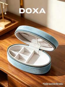 DOXA 霧藍天鵝絨橢圓形旅行珠寶盒，拉鍊隔層收納盒，適合戒指與耳環，僅空盒 - 藍色 - 查看 5