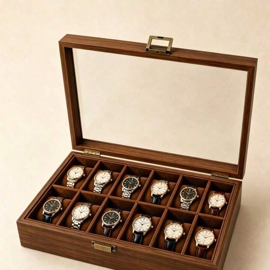 Wooden Watch Storage Box With Glass Lid, Walnut Wood Watch Display Box, Dust-Proof Velvet Lining, Men's And Women's Watch Collection Box, Birthday And Christmas Gift - Walnut Wood - Inner Brown - View 1