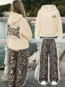 Girls' Vintage 2 Pieces Sports Set, Letter Print Hoodie Sweatshirt With Leopard Print Cargo Wide Leg Pants, Casual Autumn/Winter Outfit - Apricot - View 1