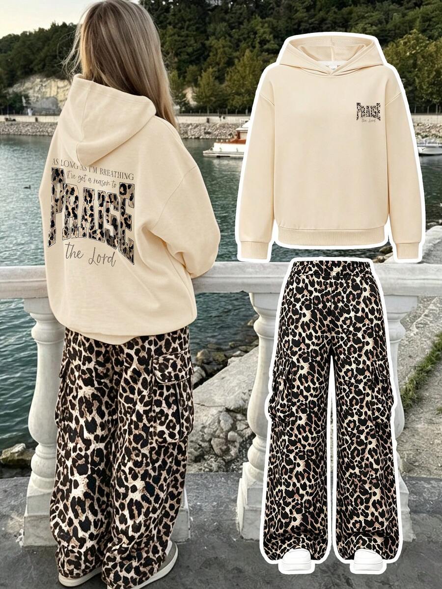 Girls' Vintage 2 Pieces Sports Set, Letter Print Hoodie Sweatshirt With Leopard Print Cargo Wide Leg Pants, Casual Autumn/Winter Outfit - Apricot - View 1