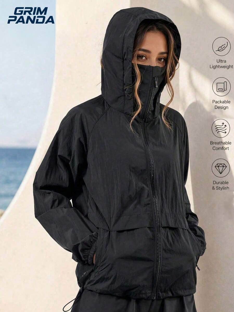GRIM PANDA 女款 UPF 防曬可收納連帽外套,輕量透氣涼感拉鍊口袋戶外登山露營運動夾克 - 黑色 - 查看 1