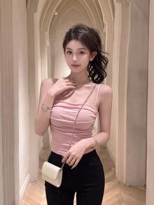 性感辣妹厚墊肩細肩帶短版直領抓皺內搭背心，休閒粉色夏季風 - 粉色 - 查看 4