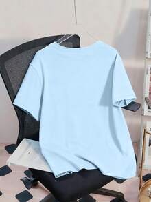 Camiseta de cuello redondo con estampado de lazo para niñas preadolescentes, top casual suave para primavera/verano - Celeste - Ver 3