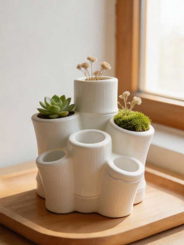 Creative Bamboo Joint Connected Multi-Cylinder Ceramic Planter, Multi-Hole Combination Succulent & Green Plant Pot, Desktop Makeup Brush & Stationery Multi-Function Storage Organizer