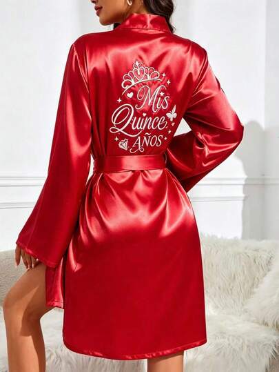 1pc Elegant Women's Belt And Floral Crown Embroidered Robe, Luxury Home Wear For All Seasons Autumn/Winter, High-End Light Luxury Bathrobe, Sexy Women's Bathrobe, Minimalist Loungewear, Premium Luxurious Sexy Women's Bathrobe, Breathable For All Seasons