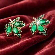 1 Pair Elegant Maple Leaf Design Cubic Zirconia Stud Earrings For Women, Casual Gift Design - Multicolor - View 3