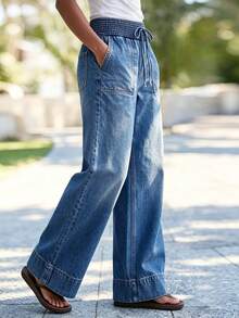 Women's Casual And Elegant Wide-Leg Denim Trousers, Featuring Pockets And A Gathered Waistband, Long, Washed, And Relaxed Fit. - Medium Wash - View 6