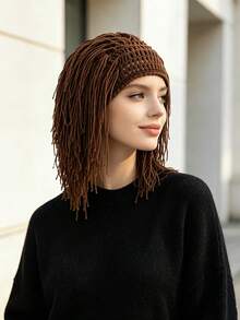 1pc Women's European & American Style Personalized Wig Knit Hat, Handmade Braided Tassel Design, Breathable Non-Sweating Photo Styling Decorative Hat - Multicolor - View 5