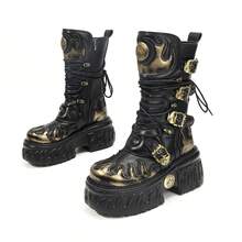European And American Dark Punk Flame Thick Sole Boots Women Gothic Style Metal Tank Sole Platform Mid-Calf Motorcycle Boots - Black Gold - View 6