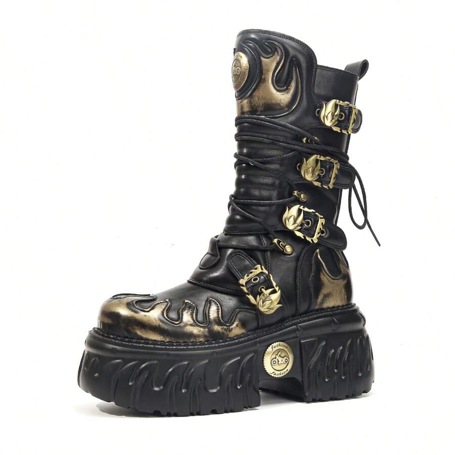 European And American Dark Punk Flame Thick Sole Boots Women Gothic Style Metal Tank Sole Platform Mid-Calf Motorcycle Boots - Black Gold - View 1
