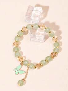 1pc Faux Crystal Bracelet Hand Rope, Crystal Pink Quartz Beaded Bracelet With Luxury Vintage Geometric Pendant, Gift For Women Friends - Butterfly Bracelet - View 11