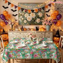 1/2pcs Halloween Tablecloth, Halloween Ghost & Floral Pattern Polyester Tablecloth, Suitable For Dining Room, Dining Table, Coffee Table, Kitchen, Picnic, Camping, Country Farmhouse Decor, Holiday Tabletop Protection - Multicolor - View 2