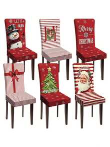 6pcs Dokriy Polyester Christmas Chair Covers - Elastic Stretch Closure, Red And Striped, With Snowman, Tree, Santa Claus, Let It Snow Design, Machine Washable, Suitable For Dining Room, Kitchen, Home Party Decoration, Christmas Chair Covers - A - View 2