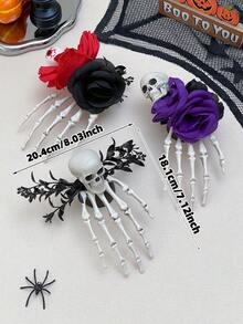 Women's Halloween Skeleton Hand Hair Clip, Gothic Skeleton Artificial Rose Eyeball Decor Side Hair Clip, Suitable For Women And Girls Horror Cosplay Party Hairstyle Accessory, Match Halloween Devil Party Costume Hair Accessory, Women's Halloween Hair Accessory Costume Prop, Women's Hair Clip, Halloween Costume, Women's Hair Accessory - Multicolor - View 6