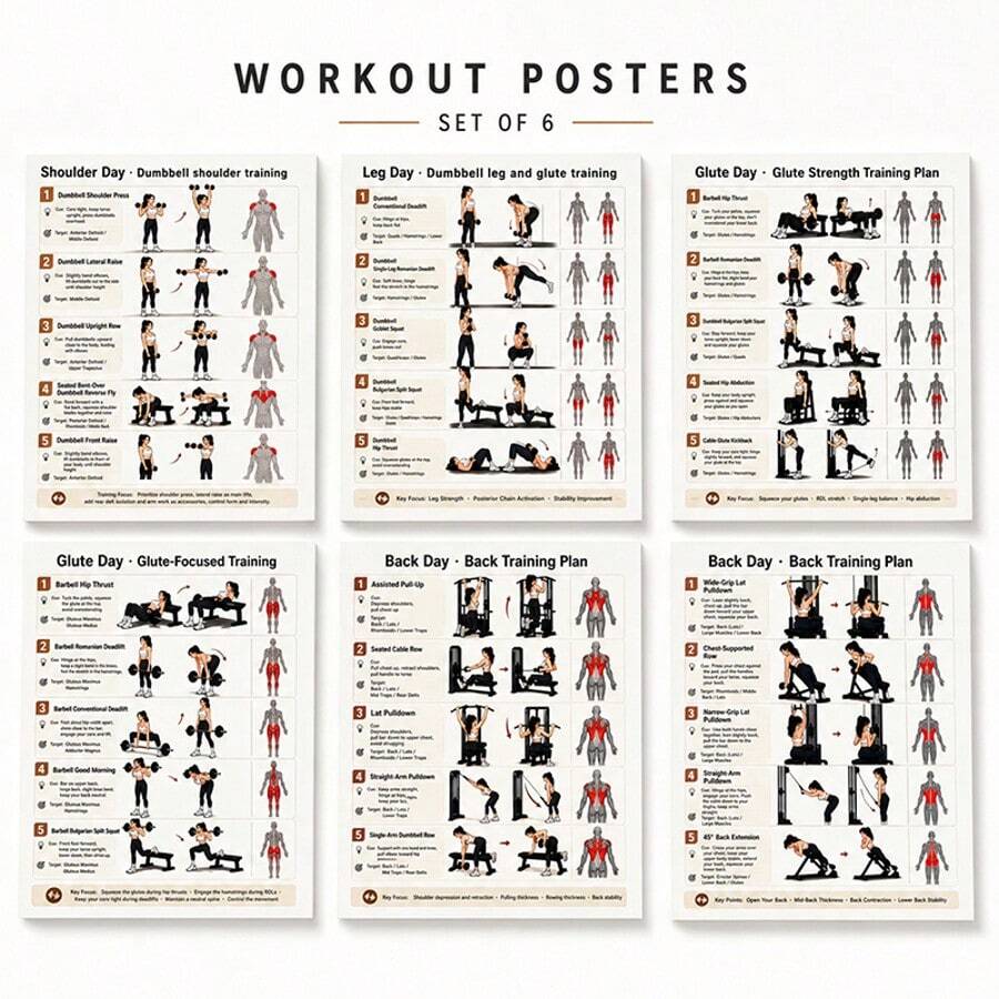 6pcs Strength Training Fitness Wall Posters, Shoulder, Leg & Glute, Back Exercise Paths And Target Muscle Diagrams, Step-By-Step Fitness Movement Analysis, Home Gym Training Charts, 2D Flat Frameless Home Gym Wall Training Guide Charts - 6-piece Set - View 1