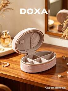 DOXA Pink Velvet Oval Travel Jewelry Box With Compartments And Zipper, Suitable For Rings And Earrings, Empty Box Only - Pink - View 5