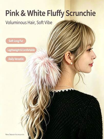 Fluffy Faux Fur Hair Scrunchie, Soft Long Plush Ponytail Holder, Cute Gradient Pink White Hair Tie, Elegant Women Daily Hair Accessories