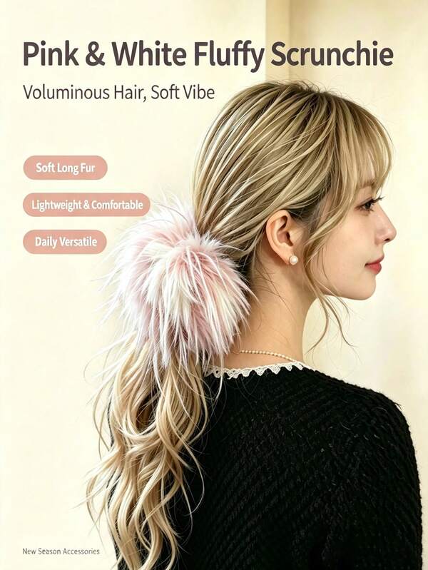 Fluffy Faux Fur Hair Scrunchie, Soft Long Plush Ponytail Holder, Cute Gradient Pink White Hair Tie, Elegant Women Daily Hair Accessories