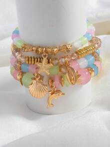 4pcs Ocean Style Cartoon Faux Shell Beaded Bracelets, Bohemian Woven Dolphin & Starfish Faux Shell Bracelets - Multicolor - View 8
