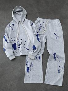 Men's Autumn/Winter Daily American Street Retro Splatter Graffiti Hoodie Set, Home, Office, Outdoor, City, Regular Fit, Casual, Youthful, Minimalist, Campus, Versatile, Textured, Elegant, Personalized, Sports - Light Grey - View 2