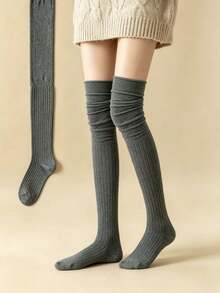 1/4 Pairs Women Solid Vertical Ribbed Knit Thigh High Socks, Casual Slouch Over The Knee Long Socks, Versatile Daily Leg Warmers - Multicolor - View 10