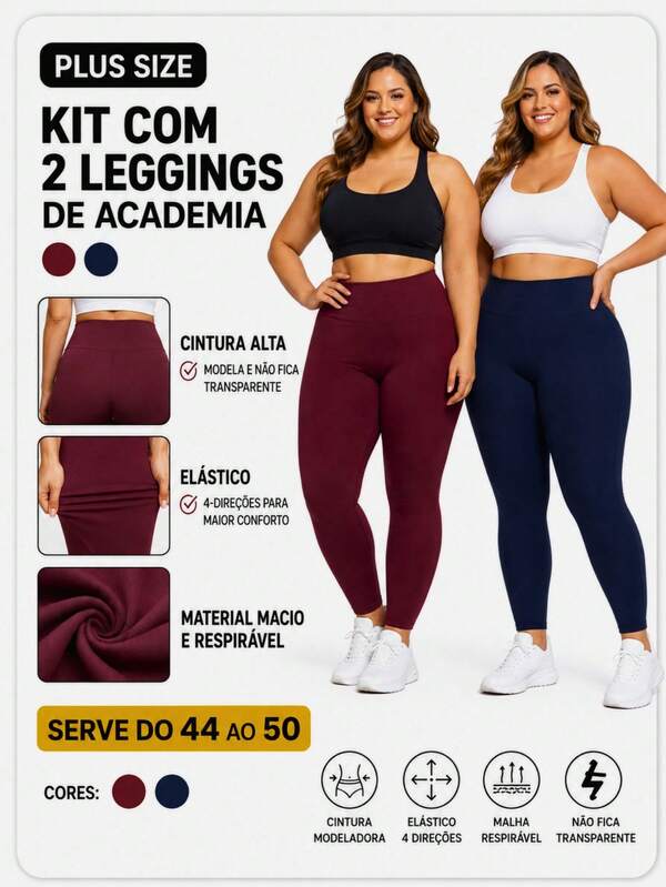 KIT DE 2 LEGGINGS PLUS SIZE ACADEMIA MODELADORA GROSSA NAO TRANSPARENTE CONFORTAVEL