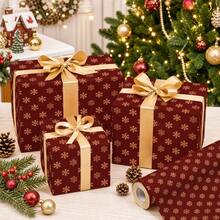 1 Roll Burgundy Gold Snowflake Christmas Gift Wrapping Paper, Vintage Red Kraft Paper Holiday Gift Wrapping Paper, Perfect For Christmas Gifts And Winter Party Decor - Red - View 4