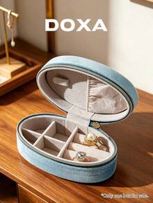 DOXA 霧藍天鵝絨橢圓形旅行珠寶盒，拉鍊隔層收納盒，適合戒指與耳環，僅空盒 - 藍色 - 查看 2