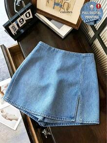 Shorts/Falda/Pantalones de pierna ancha/Hot pants para mujer con efecto denim estampado, textura de tela suave, cintura alta y a - Albaricoque - Ver 1