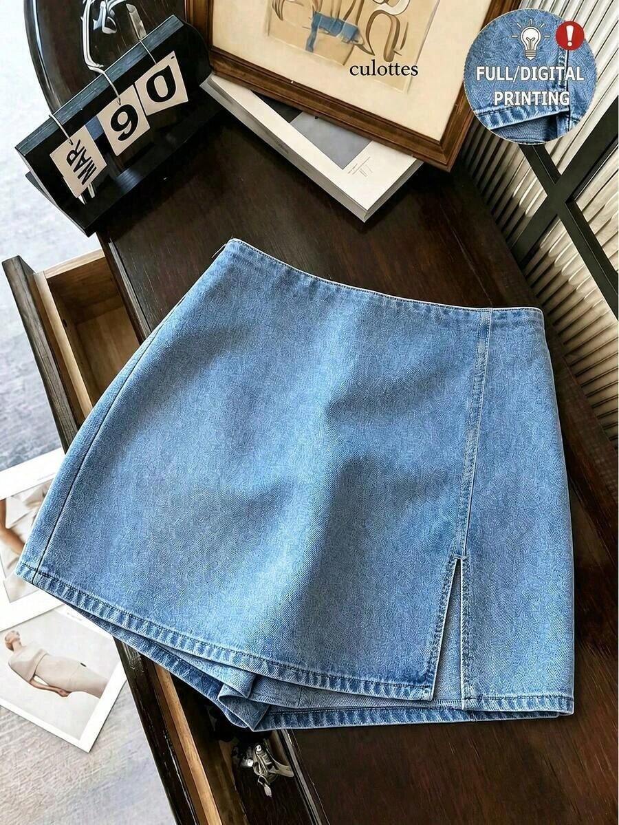 Shorts/Falda/Pantalones de pierna ancha/Hot pants para mujer con efecto denim estampado, textura de tela suave, cintura alta y a - Albaricoque - Ver 1