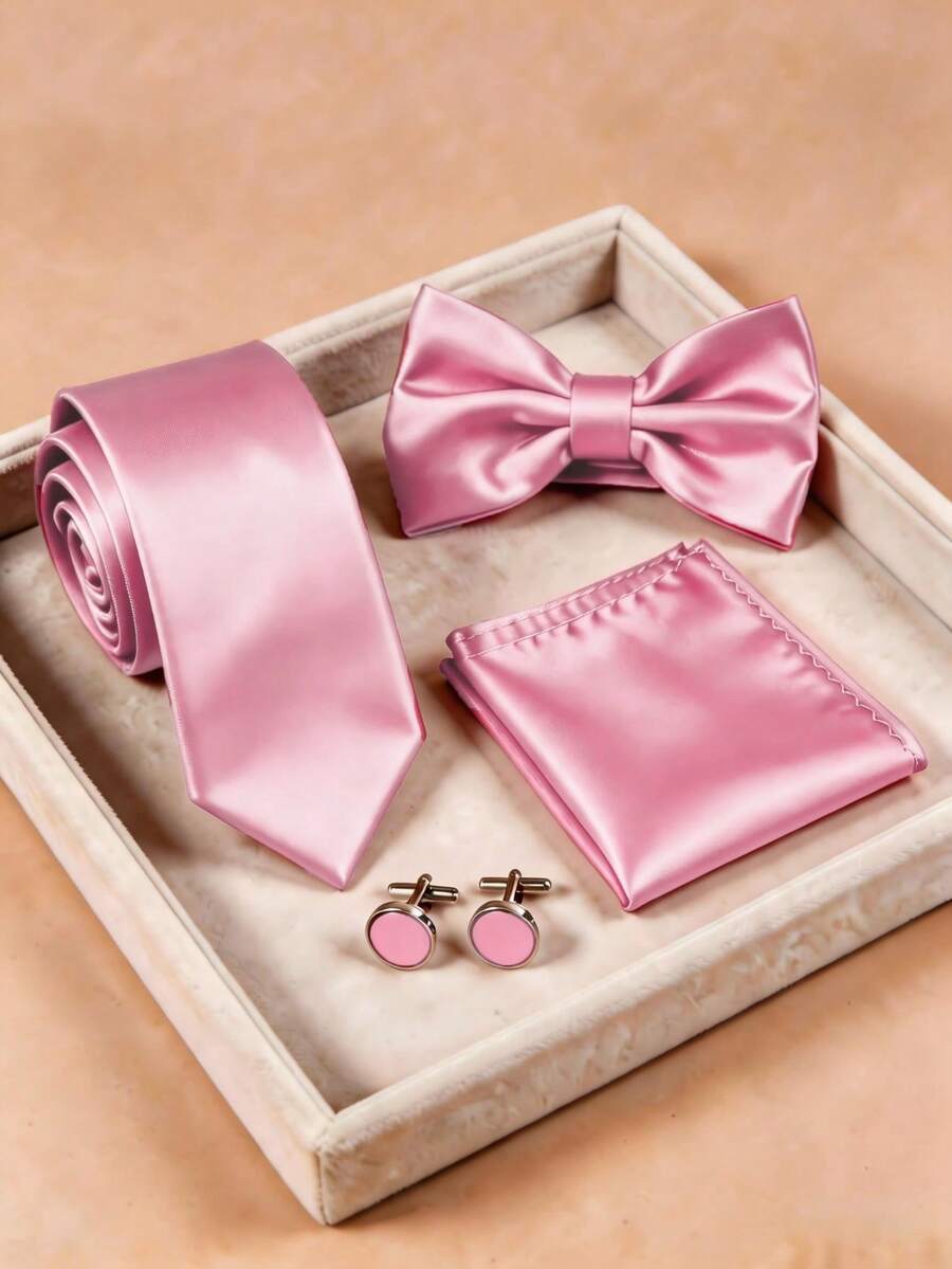 4pcs Men's Business Fashion Versatile Solid Color Polyester Tie & Bow Tie & Pocket Square & Cufflinks Set Suitable For Wedding, Celebration And Daily Wear - Watermelon Pink - View 1