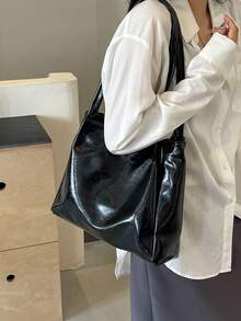 極簡純色亮面女款手提包，現代通勤風單肩包，大容量適合購物與通勤 - 黑色 - 查看 4