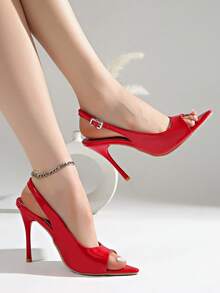 Red Pointed Toe Stiletto High Heels Women 2026 Spring New Style Low Vamp Rhinestone Buckle Backless Sexy Pumps - Red - View 10