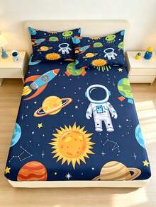 2/3件組卡通太空人行星火箭印花兒童床單套組，趣味太空主題聚酯纖維布料，適合男孩臥室、太空主題兒童房、生日派對 - 彩色 - 查看 1