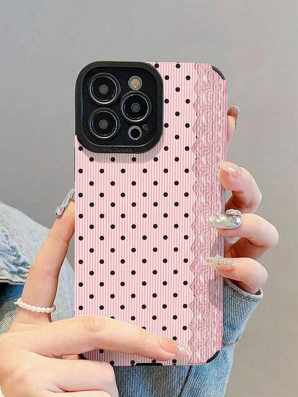 1pc New Polka Dot Pink Lace Pattern Shockproof Phone Case, Essential Daily Protection, Fashionable Style, Perfect Gift For Friends, Family, Etc., Compatible With Iphone17/17Air/17Pro/17ProMax/IPhone16/16Plus/16Pro/16ProMax/IPhone15/15Plus/15Pro/15ProMax/IPhone14/14Plus/14Pro/14ProMax/IPhone13/13Pro/13ProMax/IPhone12/12Pro/12ProMax/IPhone11/IPhone11Pro/11ProMax