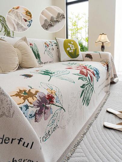 1pc Aesthetic Floral Print Tassel Sofa Blanket, Universal Furniture Slipcover, Anti Scratch Couch Cover For Dogs Cats