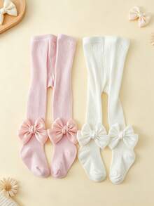 2pcs Baby Girl Knitted Tights, Cute Satin Ribbon Bow Decor, Solid Color Infant Tights, Soft Elastic Children's Leggings - Multicolor - View 5