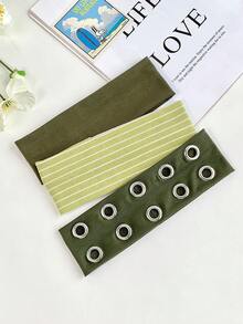 1/4pcs Matcha Green Solid Color Striped Polka Dot Print Wide Elastic Headband With Metal Eyelet Decor, Non-Slip Hairband For Outdoor Sports, Fitness And Fixing Loose Hair - Multicolor - View 4