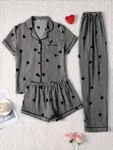3pcs Set Bubble Crinkle Striped Heart Print Women's Pajama Set - Short Sleeve Button Collar Top And Shorts + Long Pants - Black - View 1