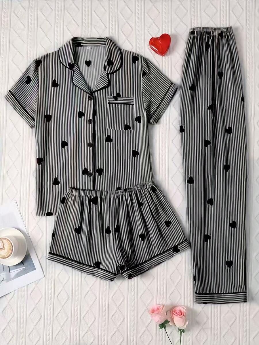 3pcs Set Bubble Crinkle Striped Heart Print Women's Pajama Set - Short Sleeve Button Collar Top And Shorts + Long Pants - Black - View 1