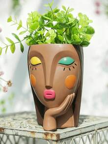 抽象波希米亞風女性面孔樹脂花盆，祈禱與休息女孩頭像花盆，創意人臉花瓶，室內/室外多肉植物盆，居家桌面裝飾擺件（無需用電） - B - 查看 10
