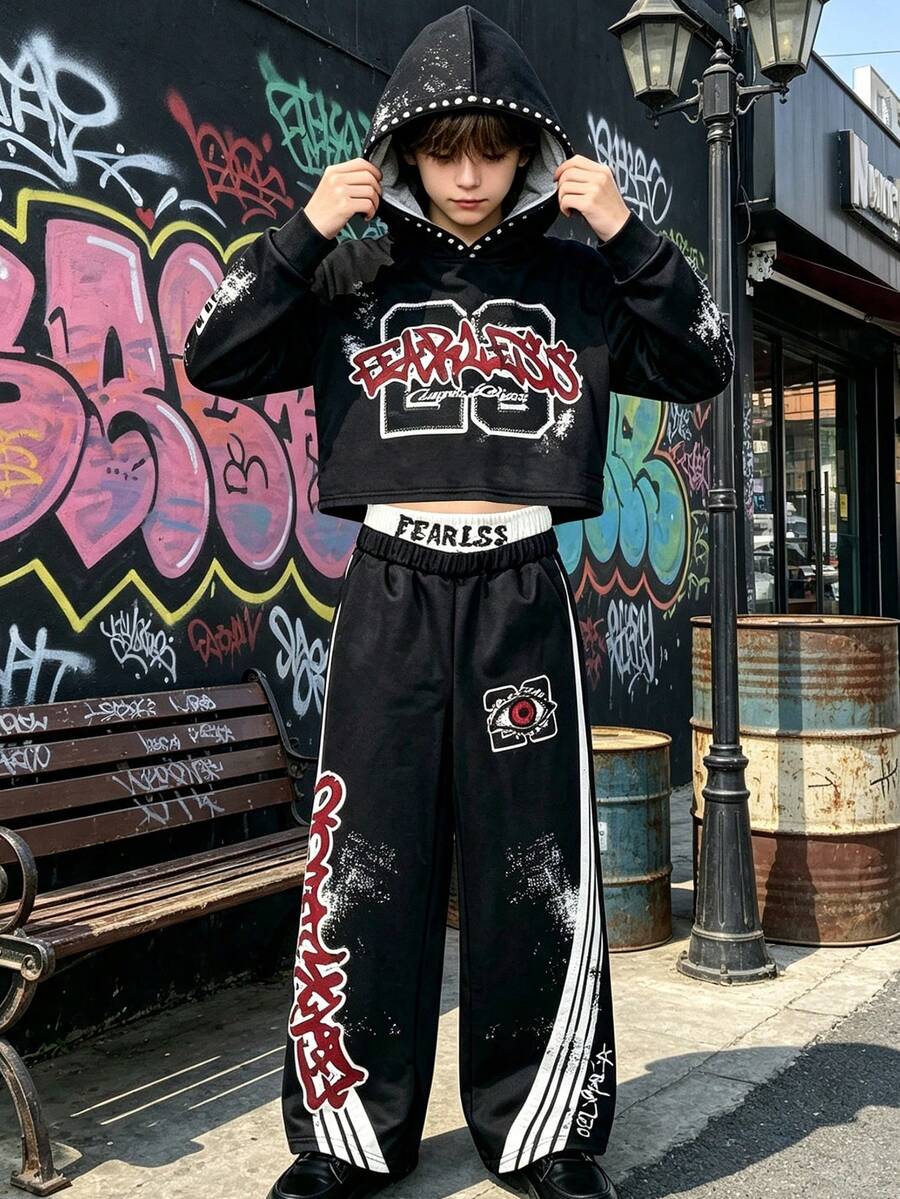 Lurzo Tween Boys Autumn/Winter Graffiti Street Style Hoodie + Sweatpants, Rivet & Rhinestone Design Hoodie + Graffiti Double Waist Wide Leg Pants, Suitable For Daily Wear, Street Dance, Hip Hop - Black - View 1