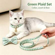 3pcs Cute Plaid Cat Collar Set With Bell, Adjustable Soft Neck Strap, Fashion Pet Accessory For Daily Walking - Multicolor - View 4