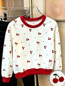 Youth Girl Cherry Print Crew Neck Long Sleeve Sweatshirt - White - View 1