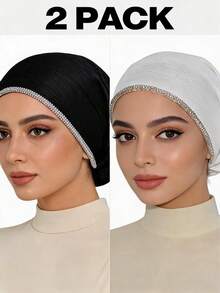 2pcs Women's Fashionable Elastic Exquisite Chain Rhinestone Craft Shiny Bohemian Polyester (Polyester) Knitted Ribbed Fabric All-Season Underscarf - 3-row Rhinestone Chain Headscarf Multi-color - View 15