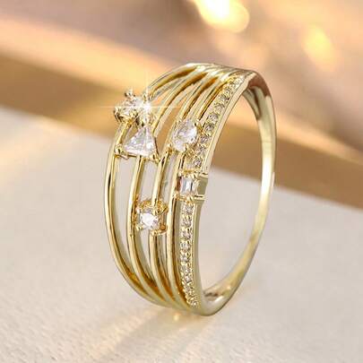 1 buah Cincin Wanita Fashion Multi-Layer Garis Geometris Desain Bintang Kubik Zirkonia
